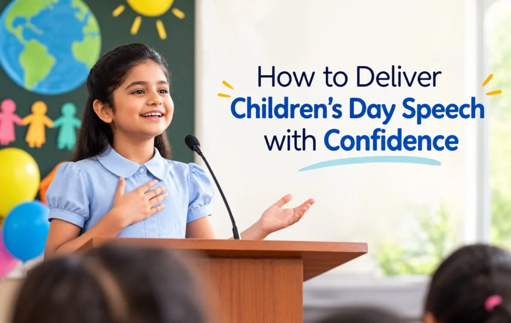 Student confidently delivering a Children's Day speech in front of classmates