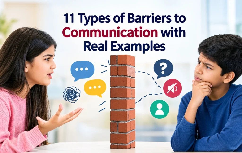 11 Types of Barriers to Communication with Real Examples, featuring people experiencing common communication challenges such as language differences, noise, confusion, and misunderstandings.