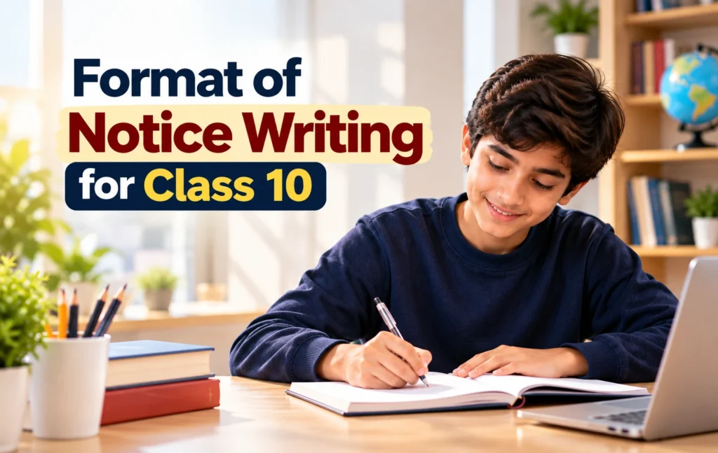 Format of notice writing for Class 10 students with a student studying at a desk