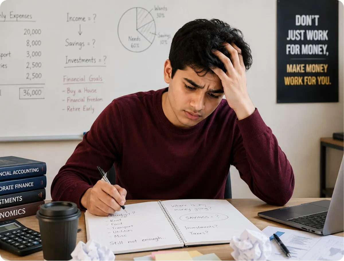 Frustrated student struggling with financial concepts like budgeting and saving before financial literacy education